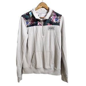 PINK Gray Tropical Palm Leaf Pullover Sweater